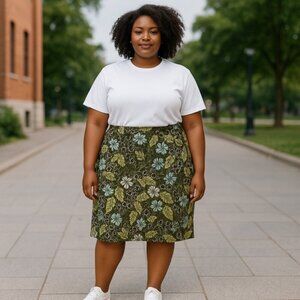 Jaclyn Smith Ladies Skirt 2X Olive Floral Knee Length Soft Pleats